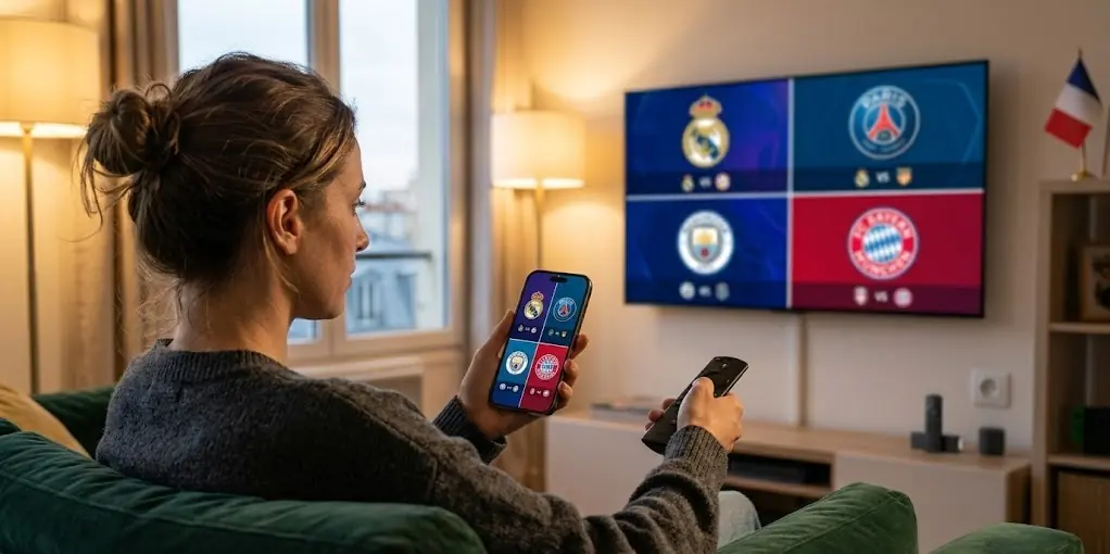 Une télévision OLED moderne dans un salon tamisé affichant un écran divisé en quatre (Multi-View). Chaque quadrant montre un match de Ligue des Champions différent avec des logos d'équipes distincts. Une main tient une télécommande Fire TV en pointant vers l'écran.