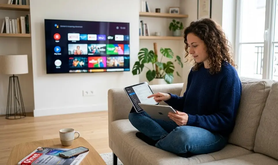 Une icône de fichier M3U sur un écran d'ordinateur, avec des flèches se connectant à différents appareils (téléphone, TV, tablette).