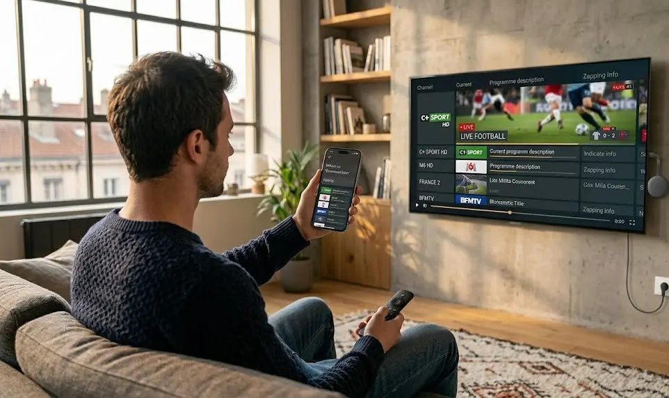 Une main tenant un smartphone affichant un lecteur IPTV avec l'icône Chromecast active, et une télévision affichant le même contenu.