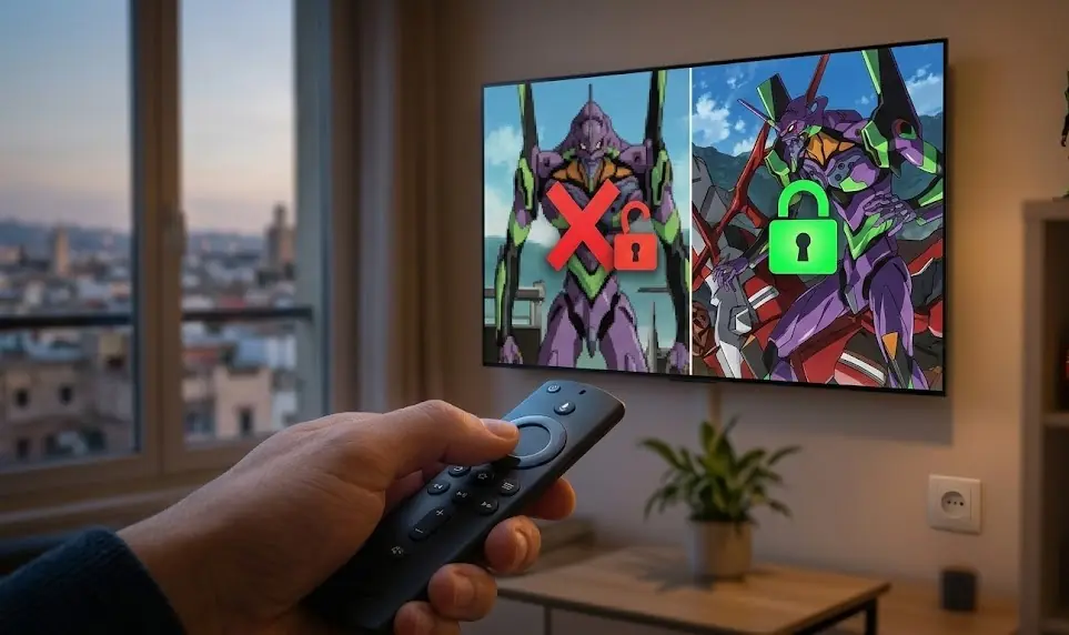 Une télévision affichant une scène épique d'animation japonaise avec des couleurs vibrantes, située dans un salon moderne et tamisé.