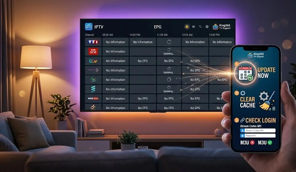 A smart TV screen showing an Electronic Program Guide (EPG) with 'No Information' text, alongside a smartphone displaying troubleshooting steps.