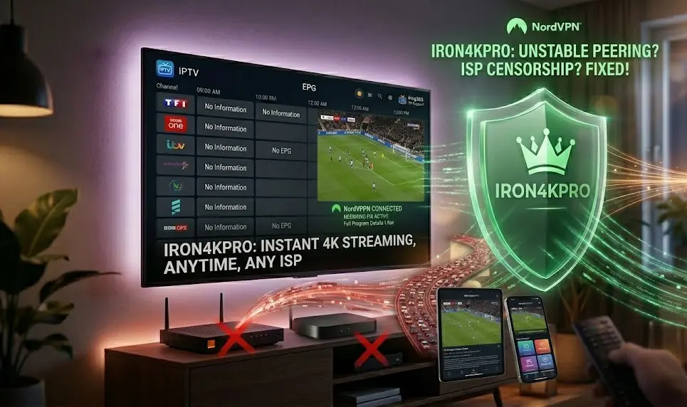 A Freebox Delta router glowing in a dark living room, with a digital overlay showing a congested network path being bypassed by a secure VPN tunnel.