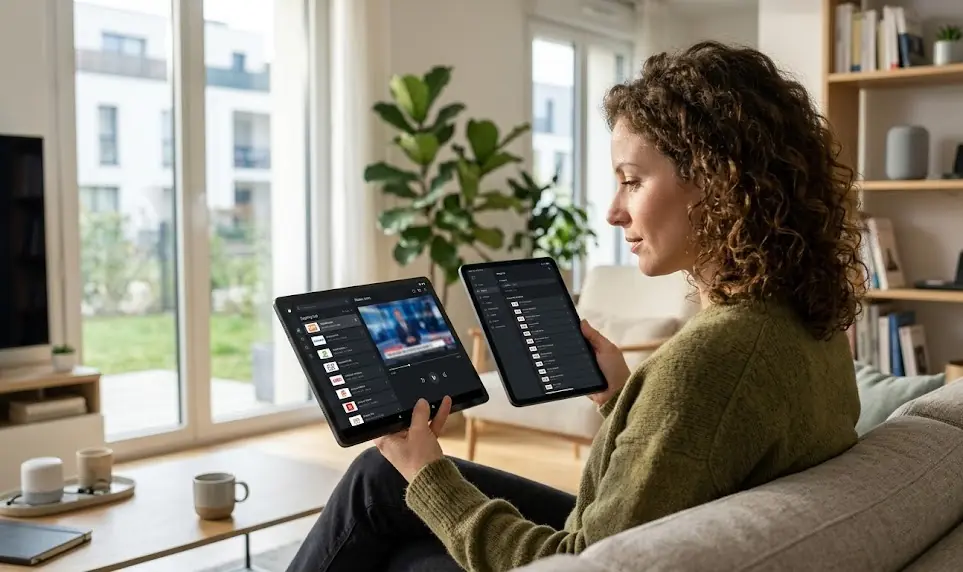 Une tablette Android et un iPad côte à côte affichant tous deux une interface de zapping IPTV moderne et colorée.