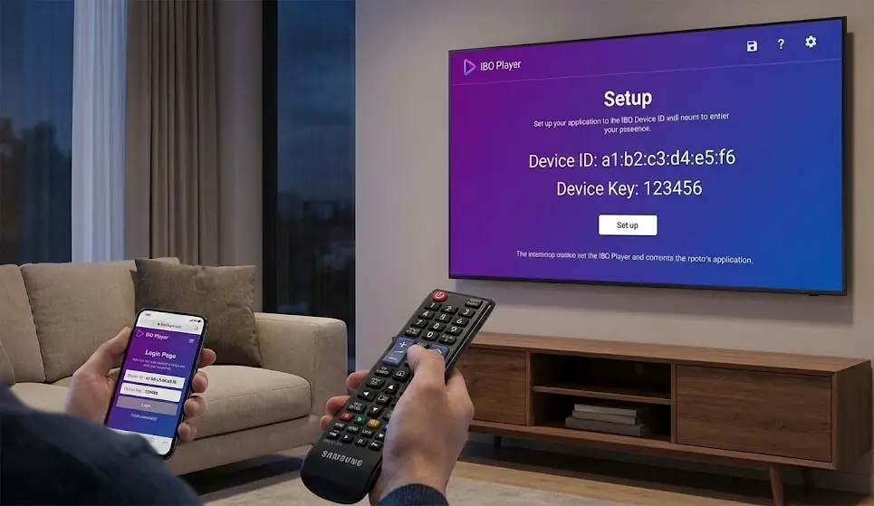 Télévision Samsung Smart TV affichant le logo IBO Player sur fond bleu
