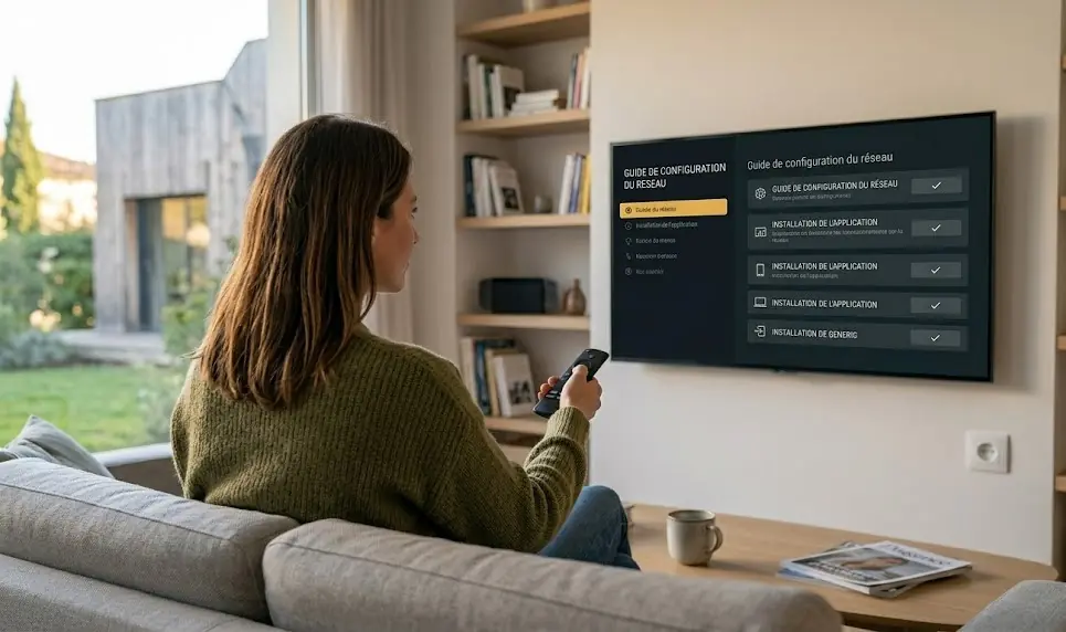 Une main tenant une télécommande naviguant sur l'interface d'installation d'une application IPTV sur une Smart TV Android.