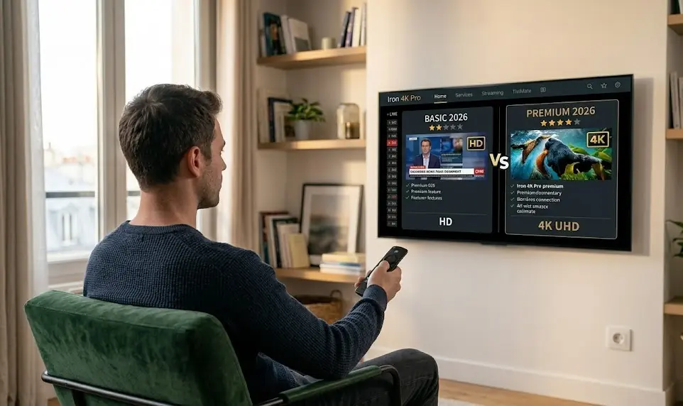 Comparaison sur un écran de télévision montrant un côté flou en 720p HD et un côté ultra-net avec des couleurs vibrantes en 4K UHD.