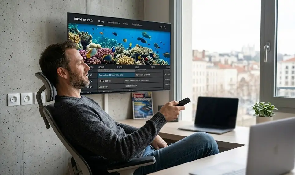 Une icône de bouclier vert et de signal wifi puissant sur un écran de télévision, symbolisant une connexion IPTV stable et sans coupure.