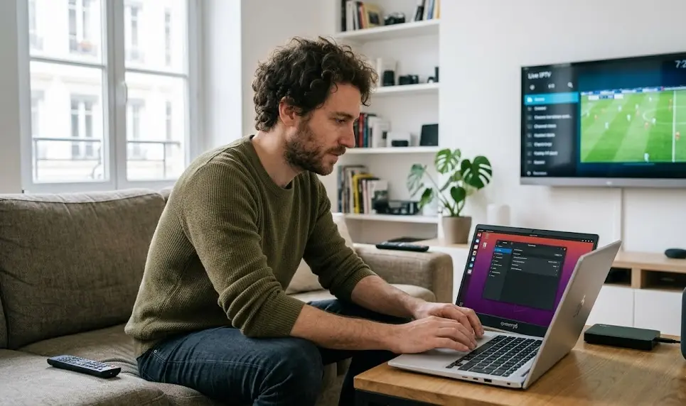 Un ordinateur de bureau Linux affichant un terminal zapping IPTV moderne avec un logo de pingouin Linux et une icône de lecture vidéo en direct.