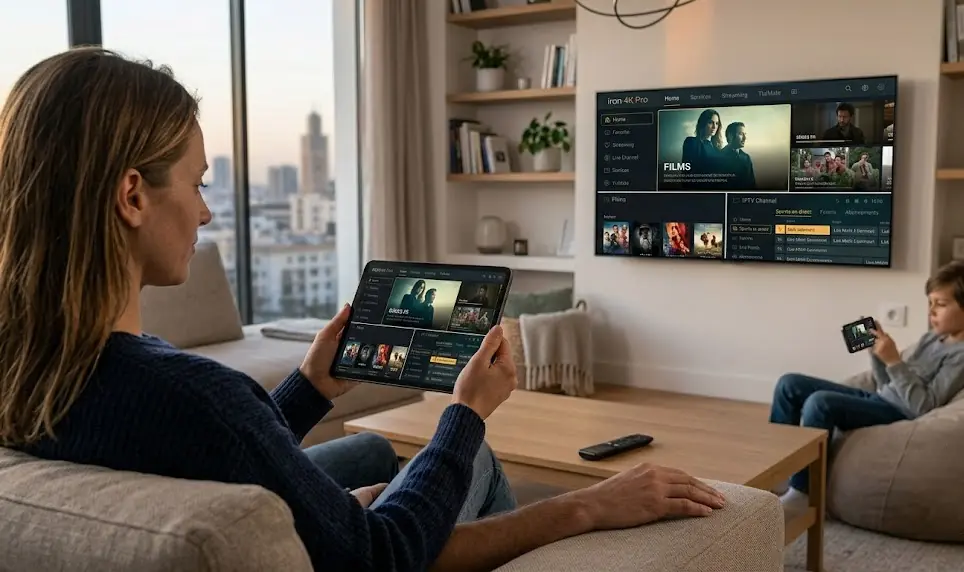 Une Smart TV, une tablette et un smartphone affichant le même contenu IPTV, symbolisant la fonctionnalité multi-écrans.