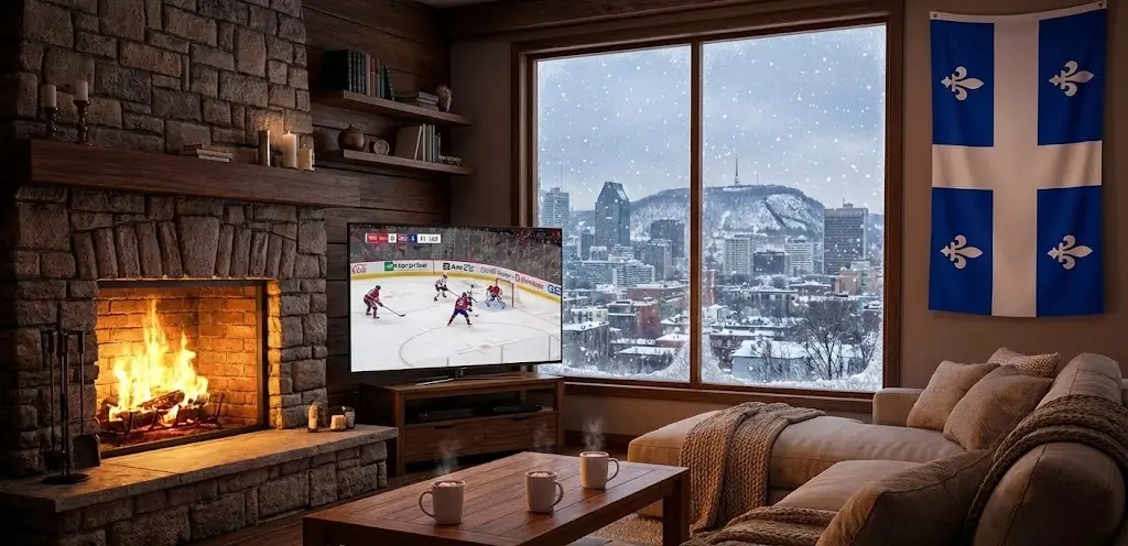 Vue hivernale sur Montréal depuis un salon cosy avec Hockey sur TV