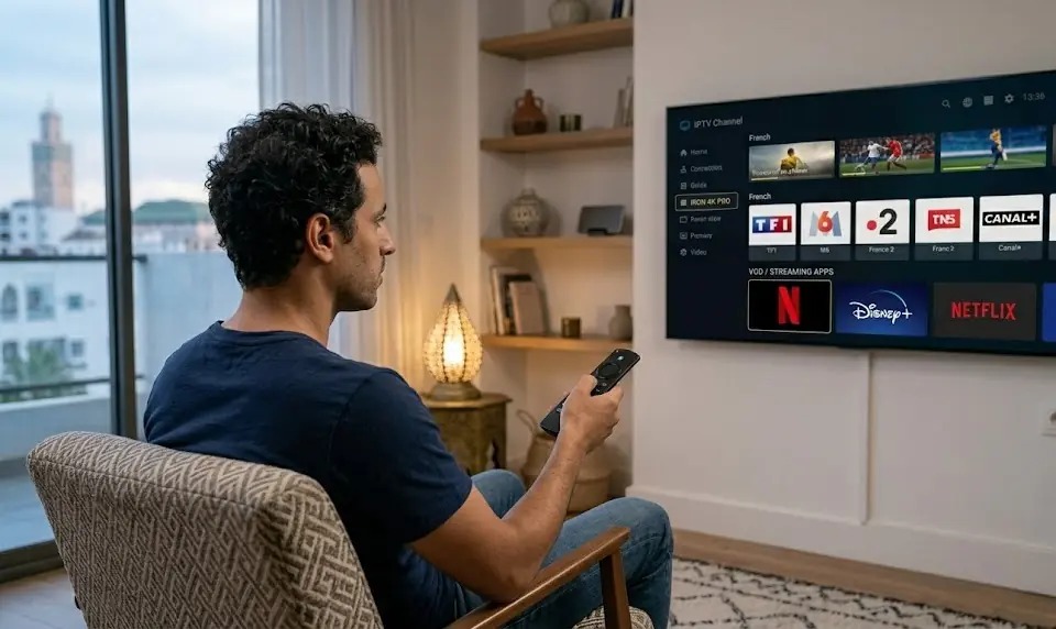 Une mosaïque d'affiches de films et de séries populaires provenant de différentes plateformes, regroupée sur l'interface d'accueil de l'application Iron 4K Pro.