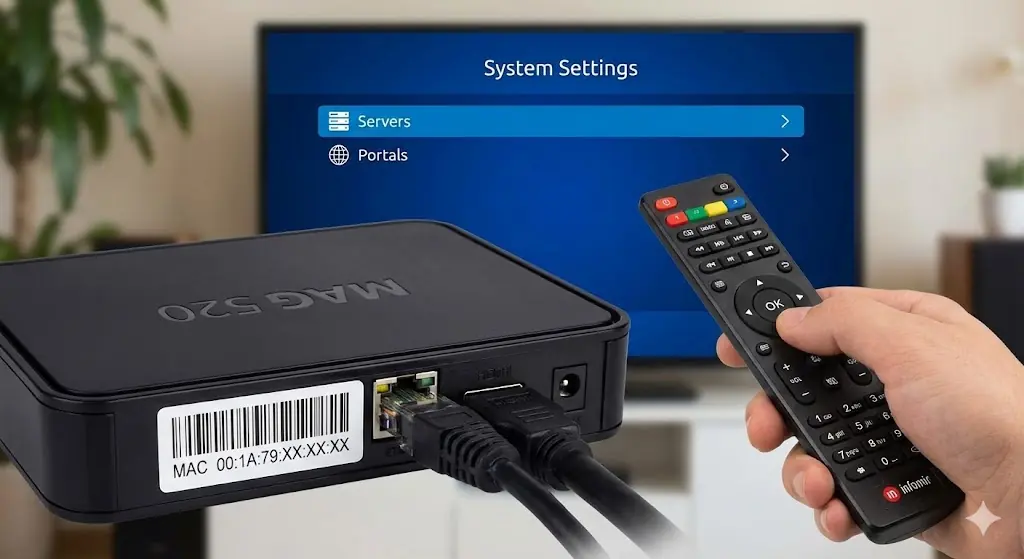 Interface bleue 'System Settings' d'un boîtier MAG affichant le menu Portals et une télécommande Infomir.