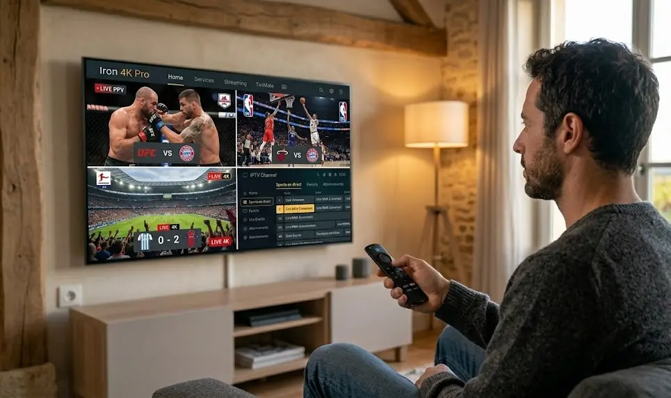 Un écran divisé montrant du Football, de l'UFC et de la NBA en direct avec une qualité 4K éclatante.