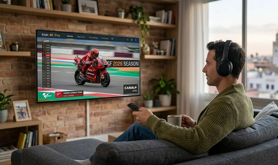 Une télévision OLED moderne dans un salon tamisé affiche une course MotoGP en direct avec une netteté incroyable. Le logo Iron 4K Pro est subtilement visible sur l'interface de l'application de streaming.