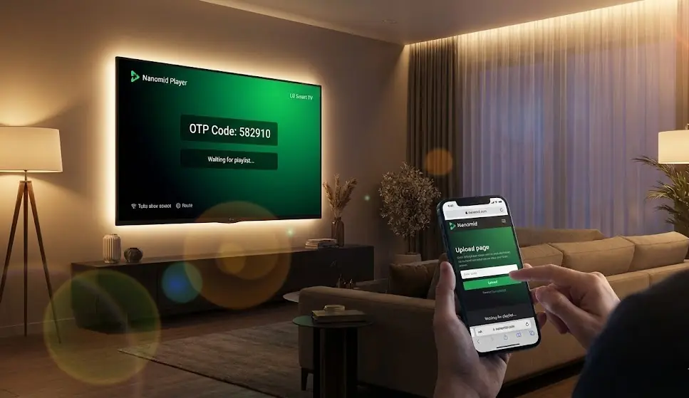 Une Smart TV moderne dans un salon affichant l'écran d'accueil vert et noir de l'application Nanomid Player avec un code OTP visible.