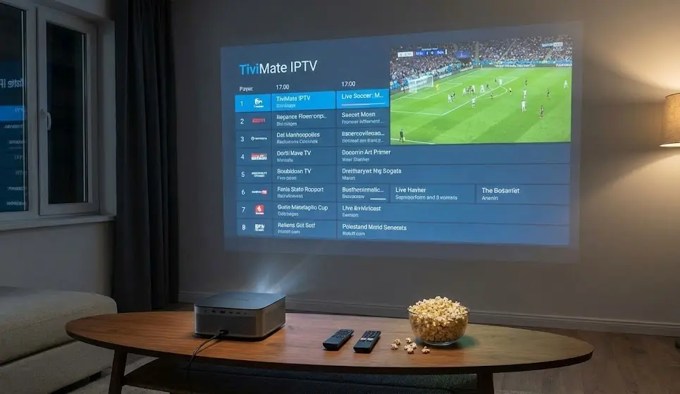 Un projecteur Xgimi Horizon Pro projetant une interface IPTV TiviMate sur un mur blanc dans un salon sombre.