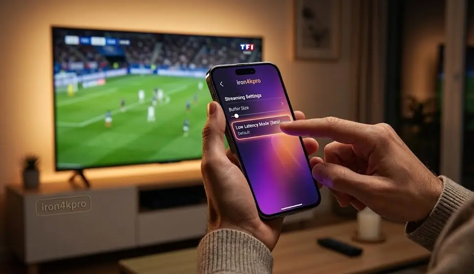 Un plan rapproché de deux écrans de télévision côte à côte montrant le même match de football. L'écran de gauche (IPTV standard) est légèrement en retard sur l'écran de droite (Low Latency), qui est vibrant et synchronisé avec un chronomètre numérique lumineux affichant '0.0s Delay'.