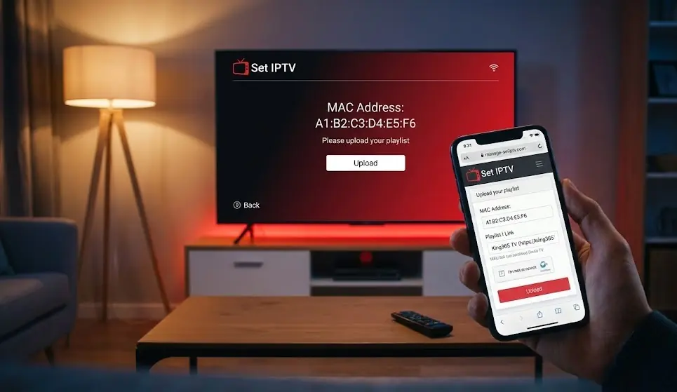 Interface de l'application Set IPTV sur une télévision, mettant en évidence l'adresse MAC affichée à l'écran.