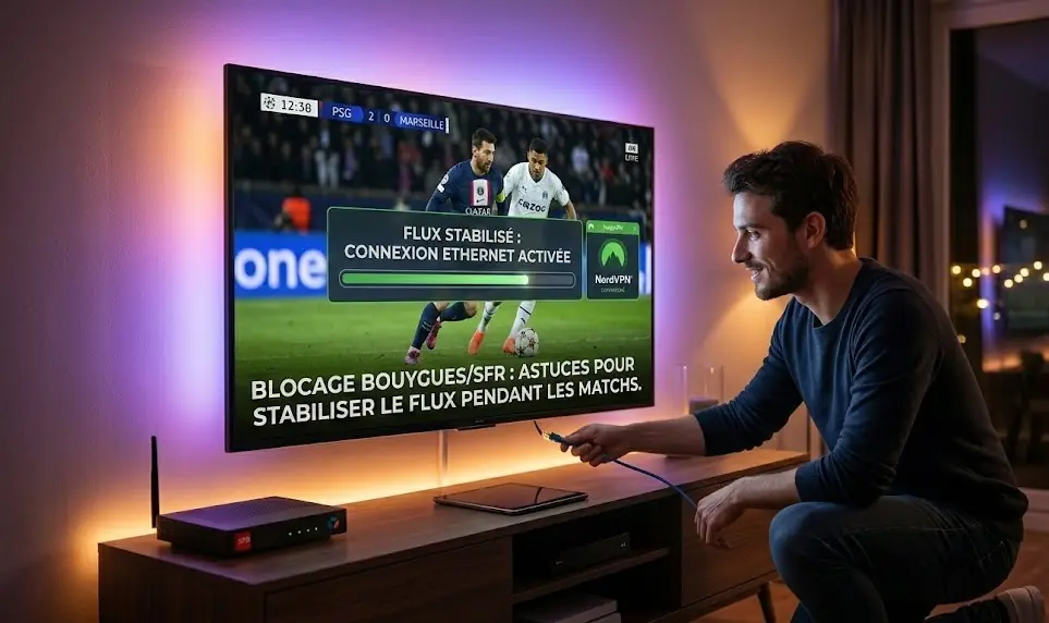 A close-up of an Ethernet cable being plugged into a smart TV, with a blurred background showing a football match on screen.
