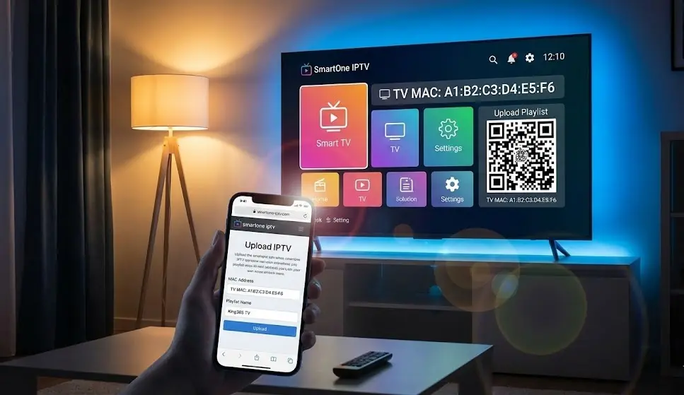 Interface colorée de l'application SmartOne IPTV sur une télévision moderne avec un smartphone affichant le site de configuration.