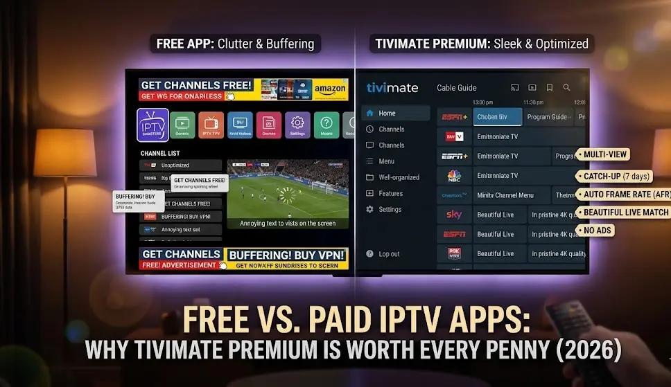 A split screen comparing a cluttered, ad-filled free IPTV app interface on the left, and the sleek, ad-free TiviMate Premium interface on the right.