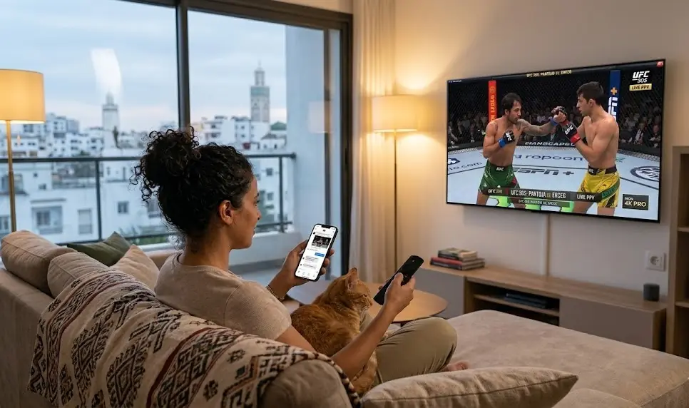 Un plan rapproché d'une télévision OLED moderne affichant un combat de l'UFC en qualité 4K incroyable, avec l'ambiance lumineuse du salon tamisé et le logo Iron 4K Pro discrètement visible sur l'interface de l'application de streaming.