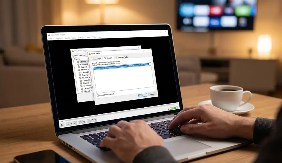 L'interface du logiciel VLC Media Player sur un écran d'ordinateur portable, affichant une liste de chaînes IPTV sur le côté et un match de foot au centre.